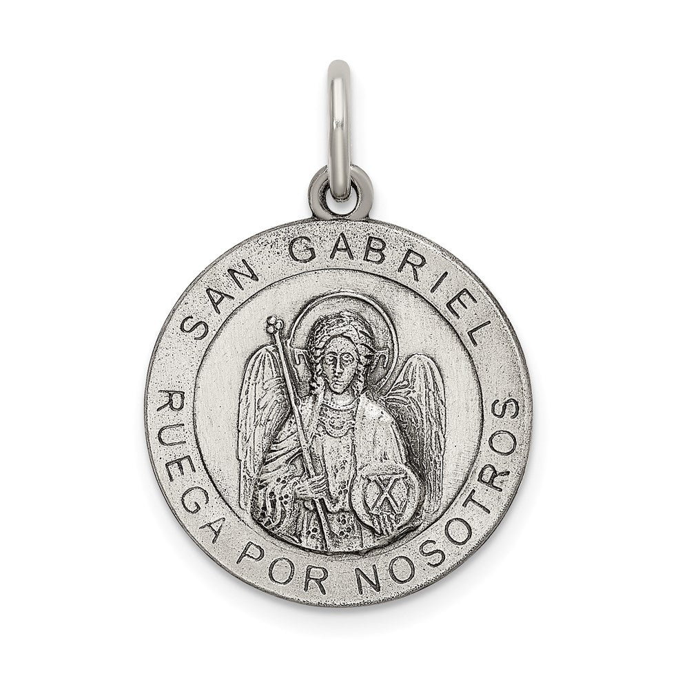 Sterling Silver Satin Antiqued Spanish St. Gabriel Medal Pendant, 28 x 19 mm