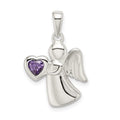 Sterling Silver Angel w/Purple CZ Heart Pendant, 25 x 15 mm