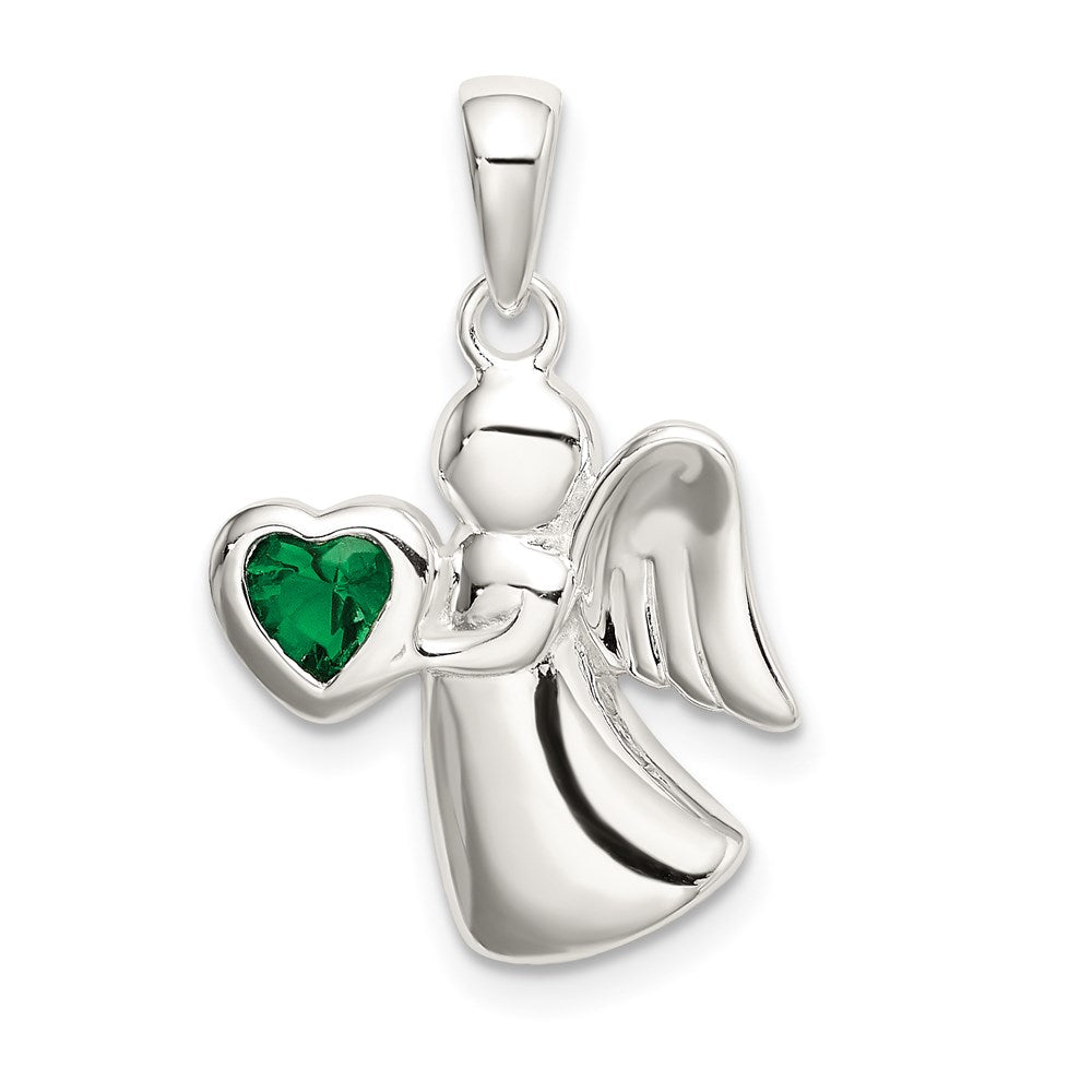 Sterling Silver Angel w/Dark Green CZ Heart Pendant, 25 x 15 mm
