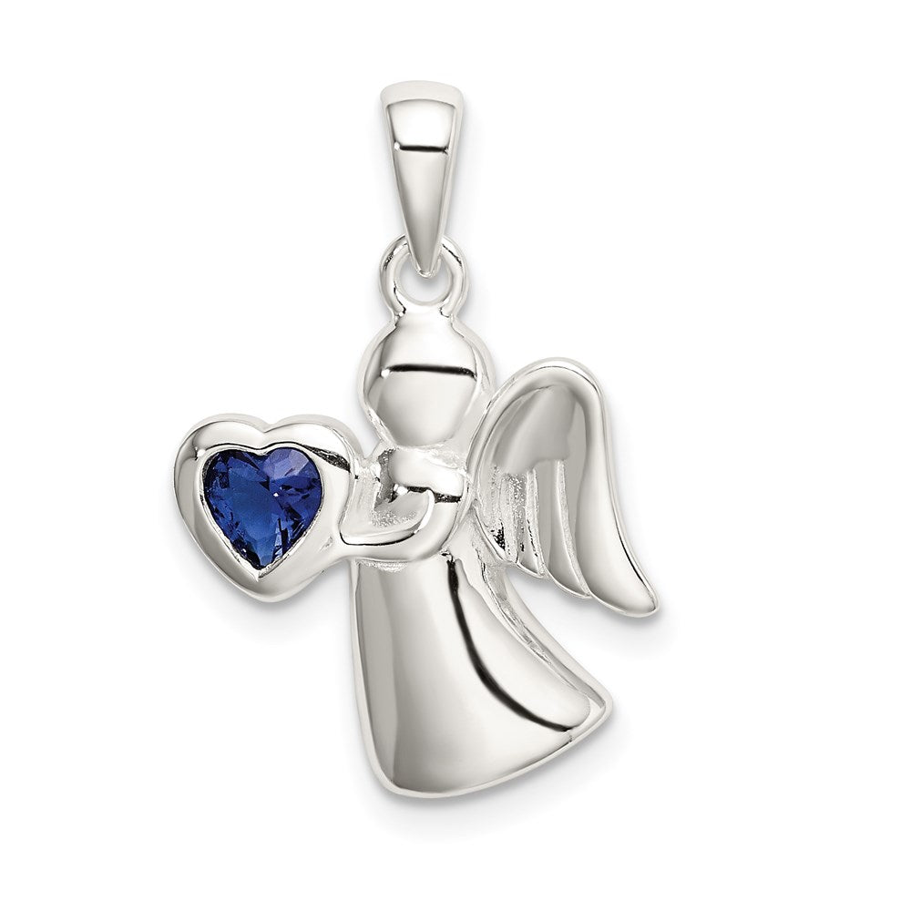Sterling Silver Angel w/Dark Blue CZ Heart Pendant, 25 x 15 mm