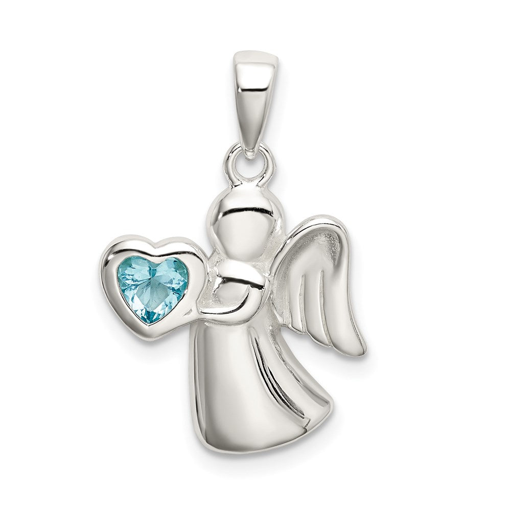 Sterling Silver Angel w/Light Blue CZ Heart Pendant, 25 x 15 mm
