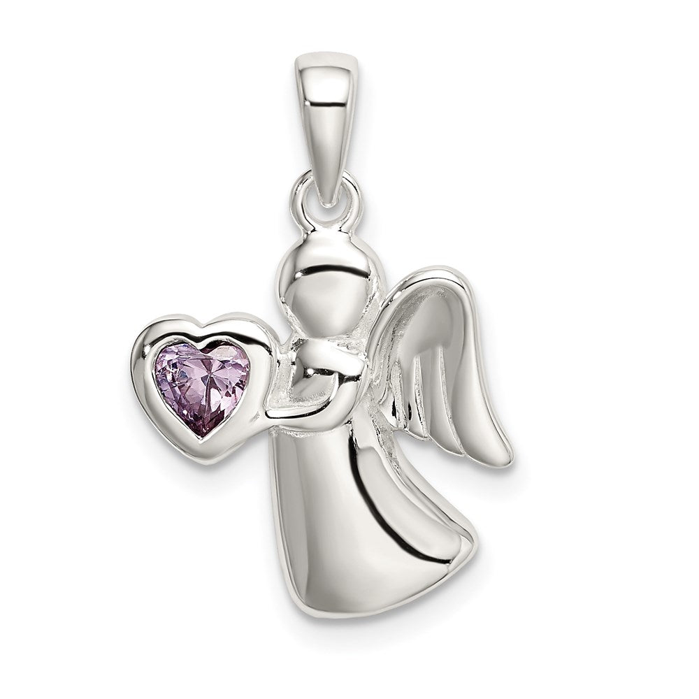 Sterling Silver Angel w/Light Purple CZ Heart Pendant, 25 x 15 mm