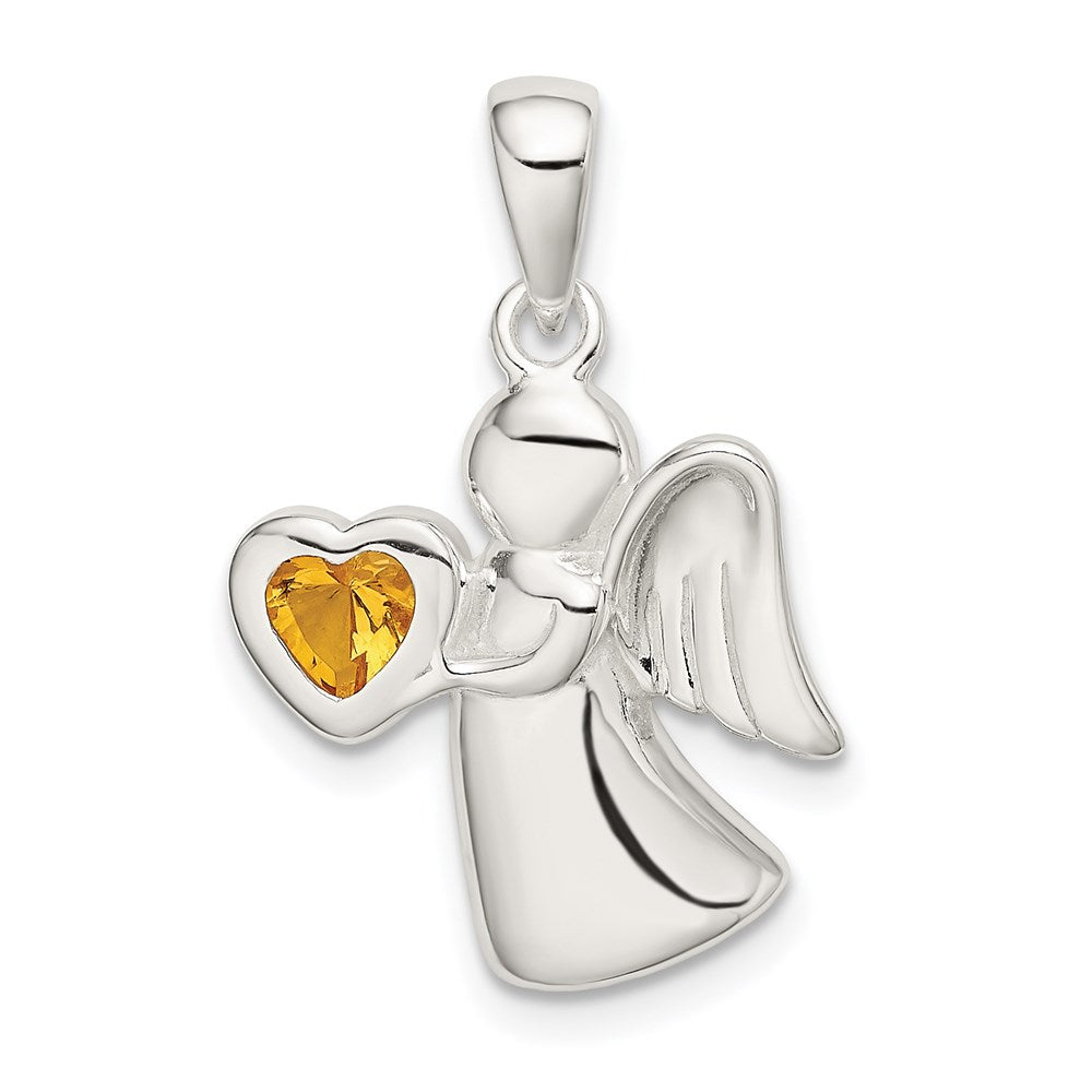 Sterling Silver Angel w/Yellow CZ Heart Pendant, 25 x 15 mm