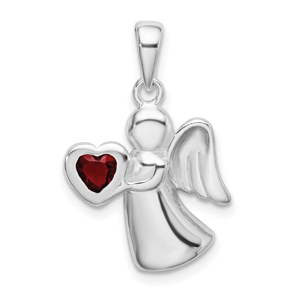 Sterling Silver Angel w/Red CZ Heart Pendant, 25 x 15 mm
