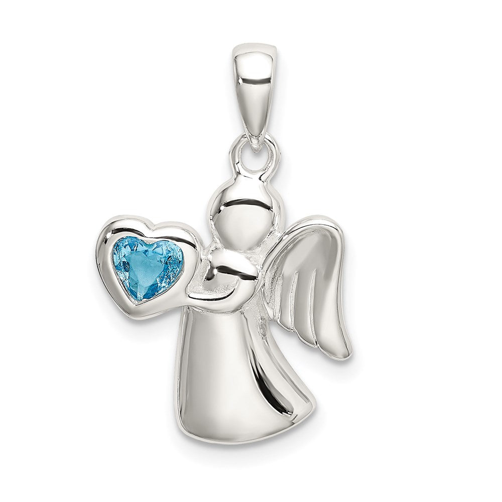 Sterling Silver Angel w/Blue CZ Heart Pendant, 25 x 15 mm