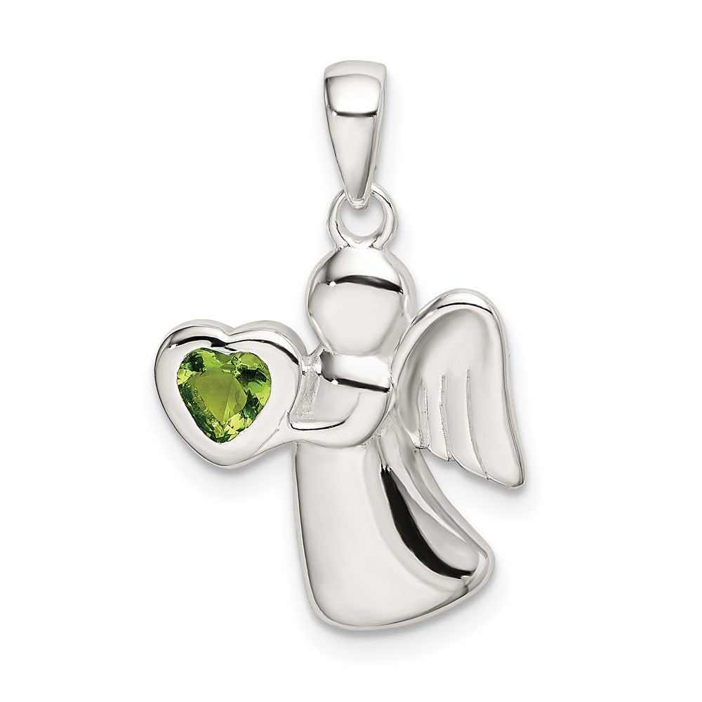 Sterling Silver Angel w/Light Green CZ Heart Pendant, 25 x 15 mm