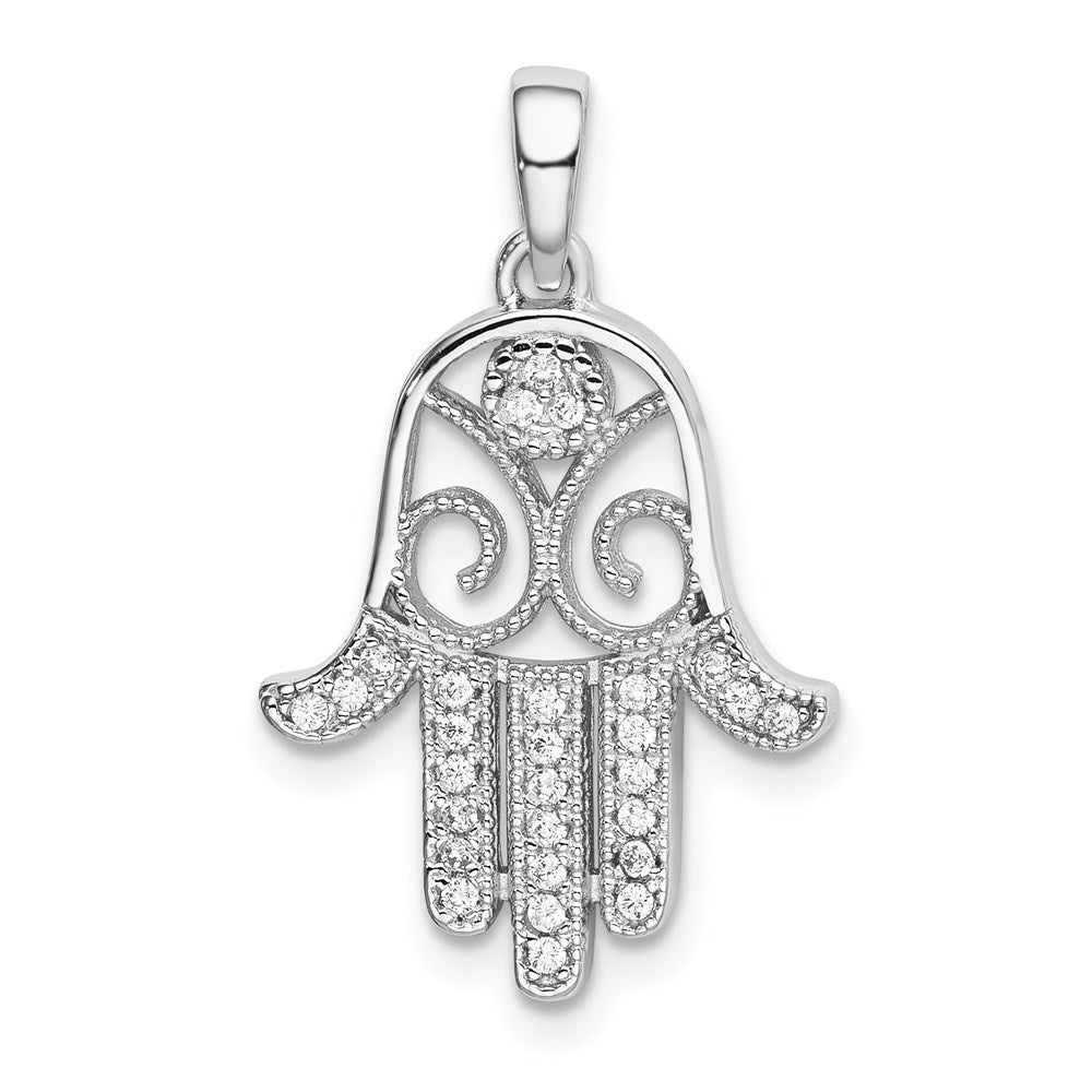 Sterling Silver Rhodium-plated CZ Chamseh Pendant, 27 x 16 mm