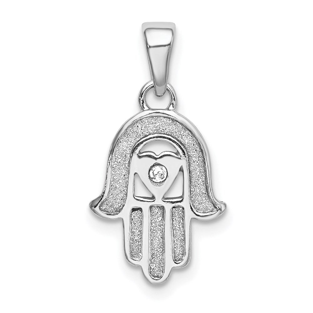 Sterling Silver Rhodium Enamel Glitter Fabric Glass Stone Hamseh Pendant, 23.5 x 11.5 mm