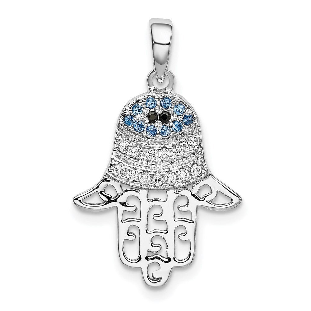 Sterling Silver Rhodium Black/White CZ Syn. Sapphire Chamseh Pendant, 27 x 16 mm