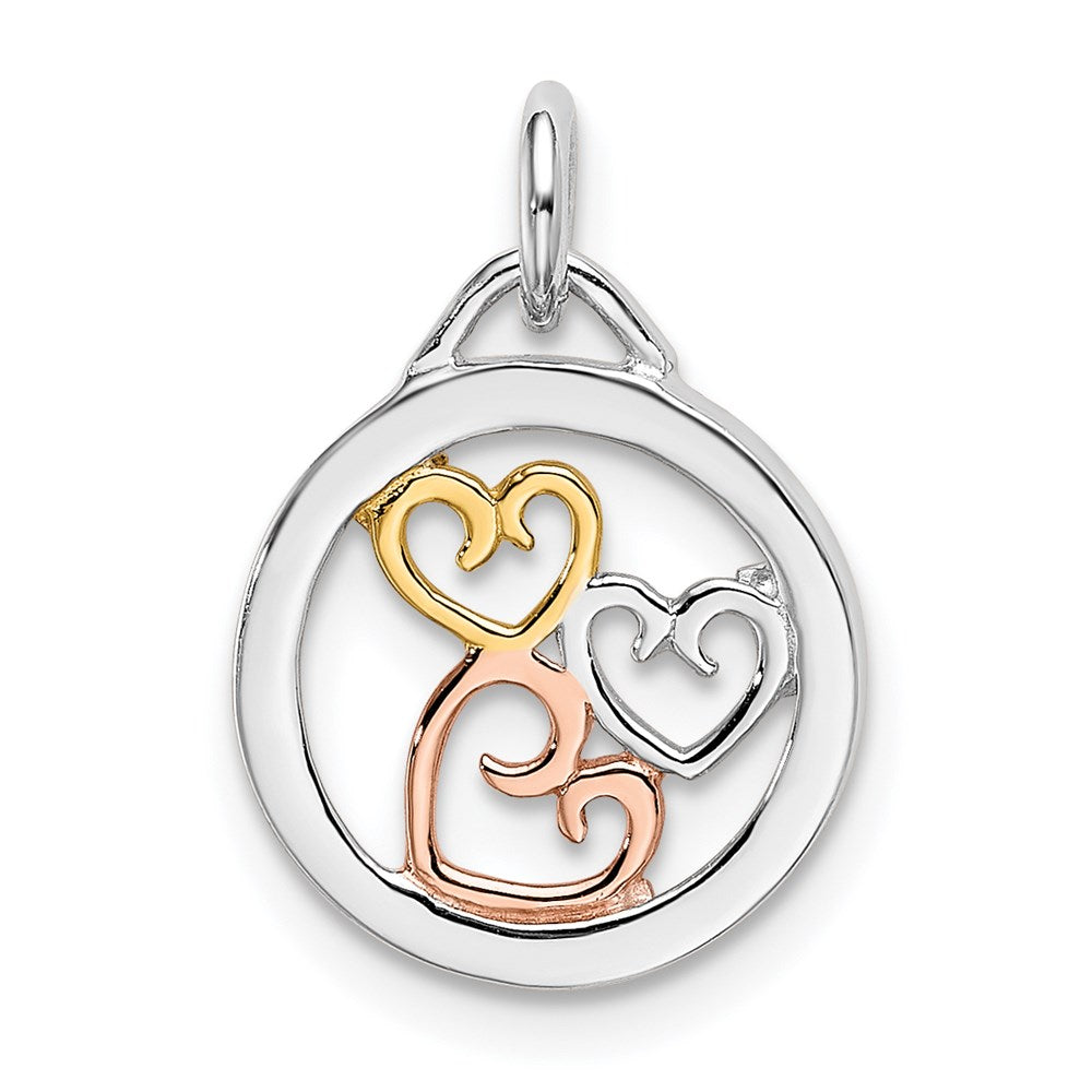 Sterling Silver Rhodium, Rose & Gold-tone Polished Hearts Pendant, 20 x 12.5 mm