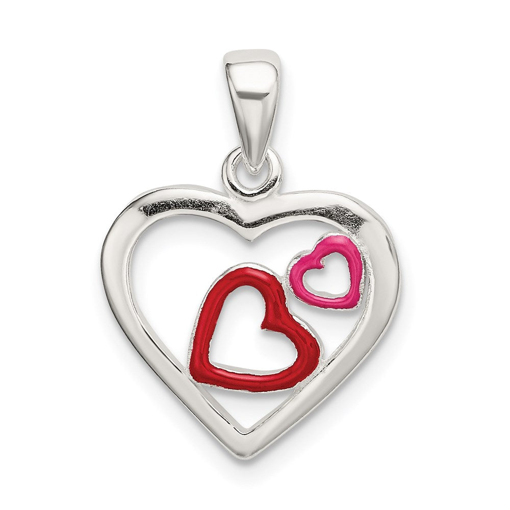Sterling Silver Polished Red and Pink Enameled Hearts Pendant, 21.4 x 15.5 mm
