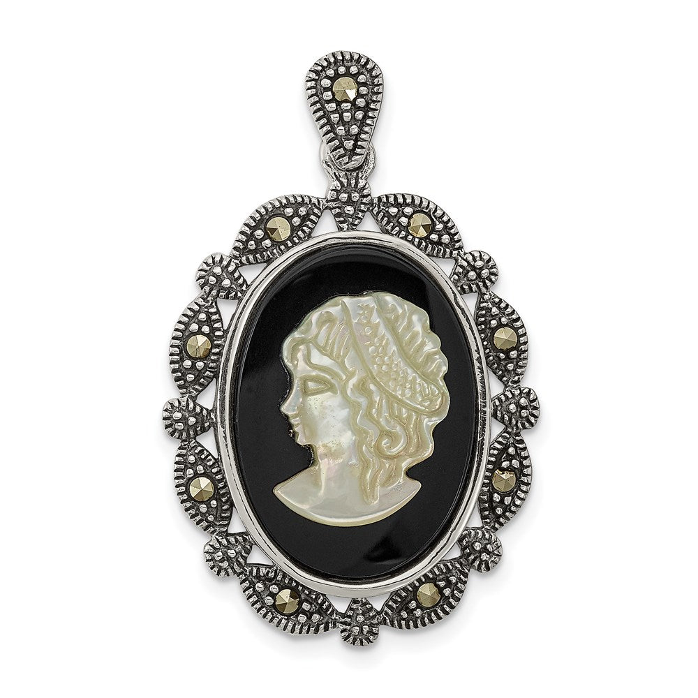 Sterling Silver Antiqued Marcasite Black Agate & MOP White Cameo Pendant, 35.3 x 21.8 mm