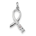Sterling Silver Rhodium-plated Pink CZ Hope Awareness Ribbon Pendant, 31 x 13 mm