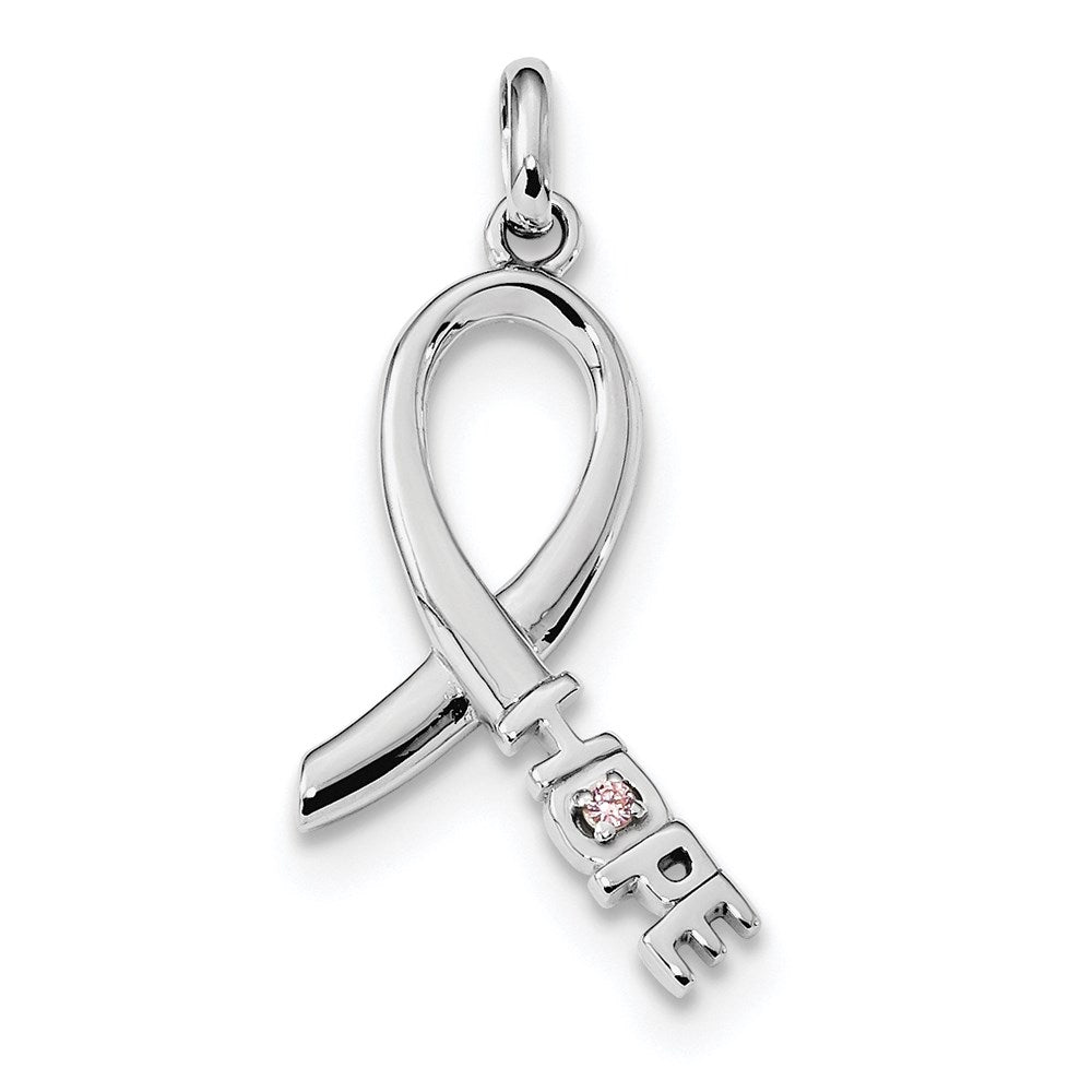 Sterling Silver Rhodium-plated Pink CZ Hope Awareness Ribbon Pendant, 31 x 13 mm