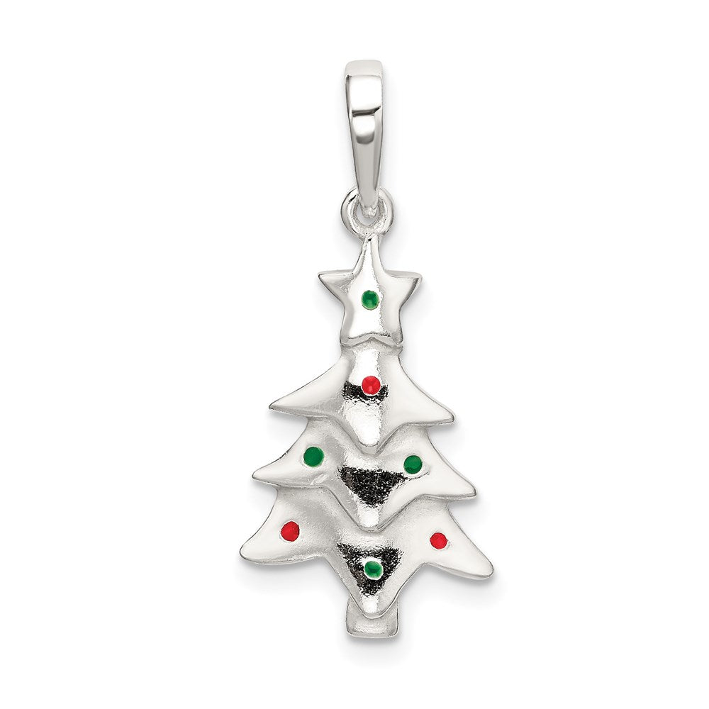 Sterling Silver Polished Enameled Christmas Tree Pendant, 28 x 12 mm