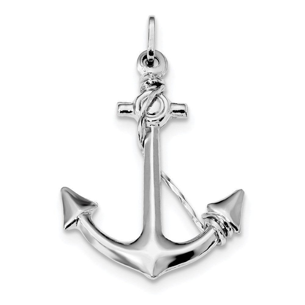 Sterling Silver Rhodium Plated Polished Anchor with Rope Charm, 44 x 27 mm