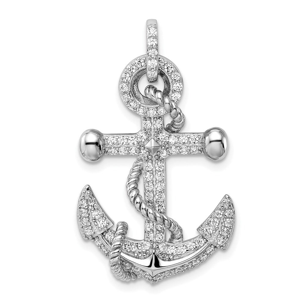 Sterling Silver Rhodium-plated CZ Anchor Pendant, 39 x 20 mm