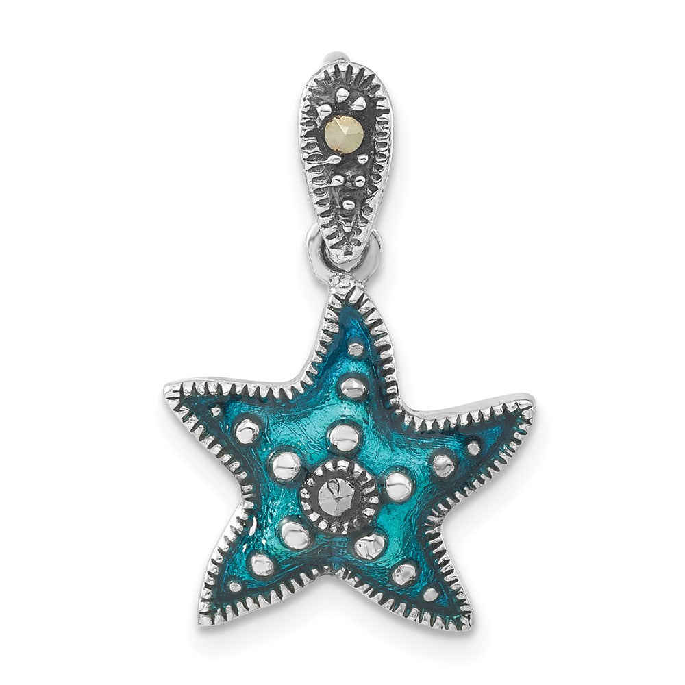Sterling Silver Polished & Antiqued Blue Epoxy & Marcasite Star Pendant, 24.15 x 15.4 mm