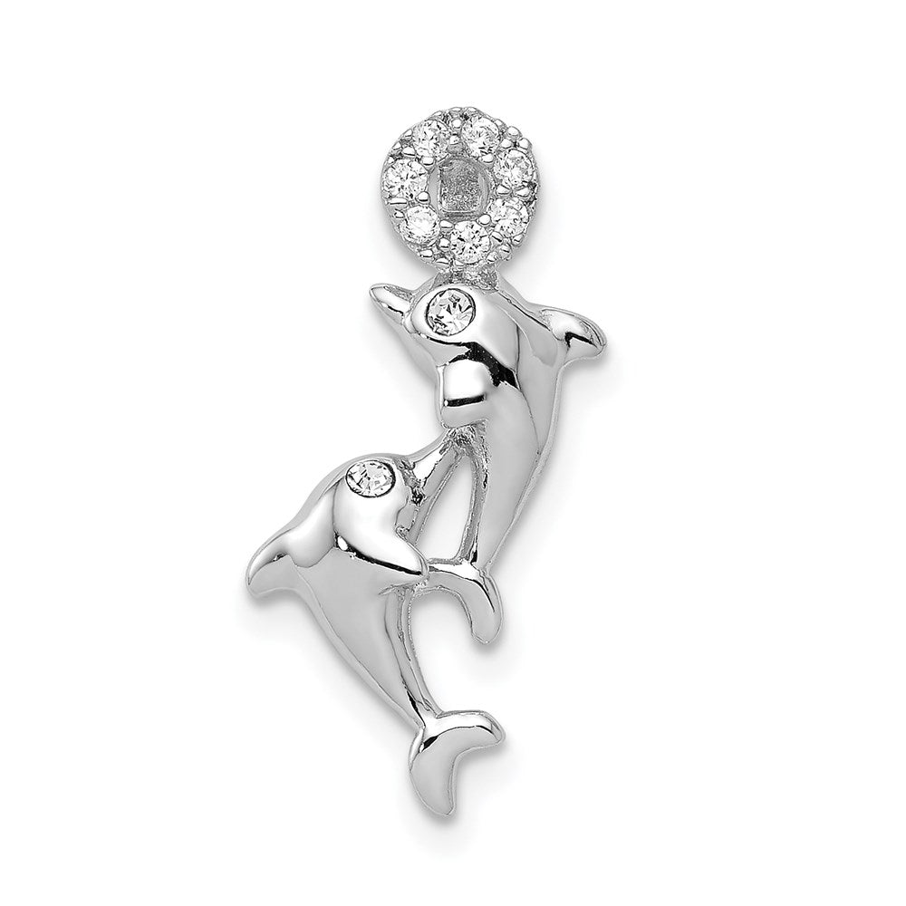 Sterling Silver Rhodium-plated Crystal Dolphins Chain Slide, 20 x 8 mm