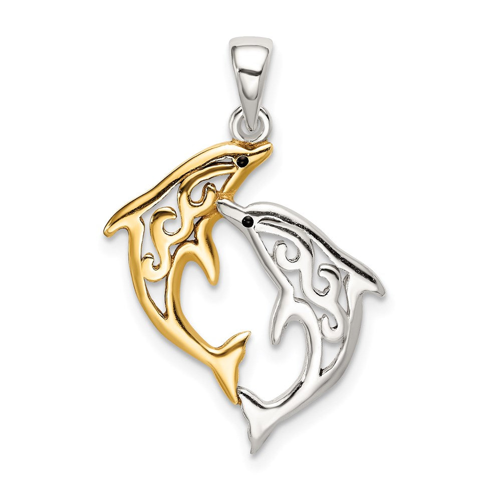 Sterling Silver & Gold-tone Enameled Filigree Dolphins Pendant, 29 x 19 mm
