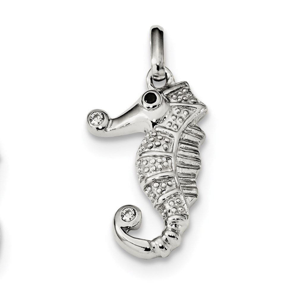 Sterling Silver Black & Clear CZ Seahorse Pendant, 28 x 13.5 mm