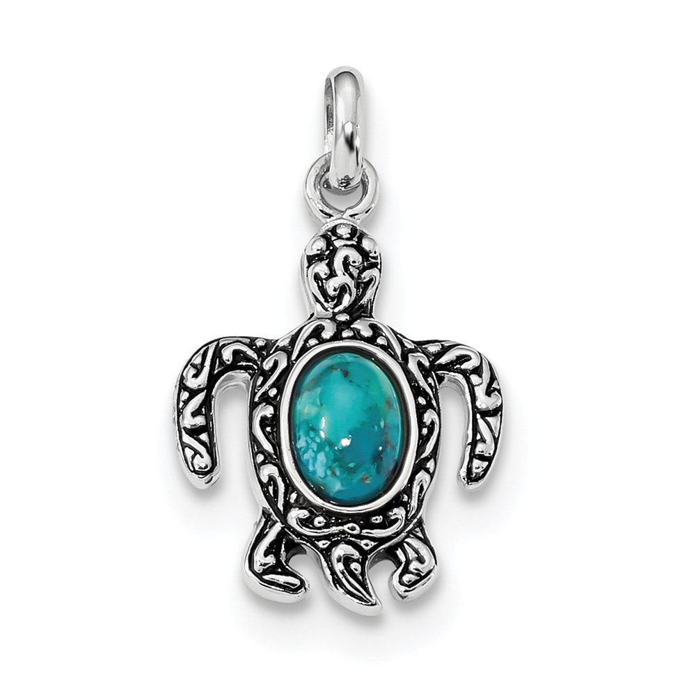 Sterling Silver Rhodium-plated Antiqued Reconstituted Turquoise Turtle Pendant, 26.5 x 15 mm
