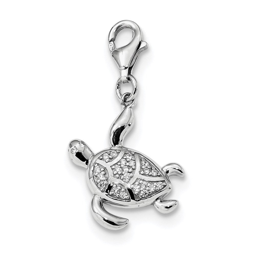 Sterling Silver Rhodium-plated CZ Sea Turtle with Lobster Clasp Charm, 29 x 16 mm