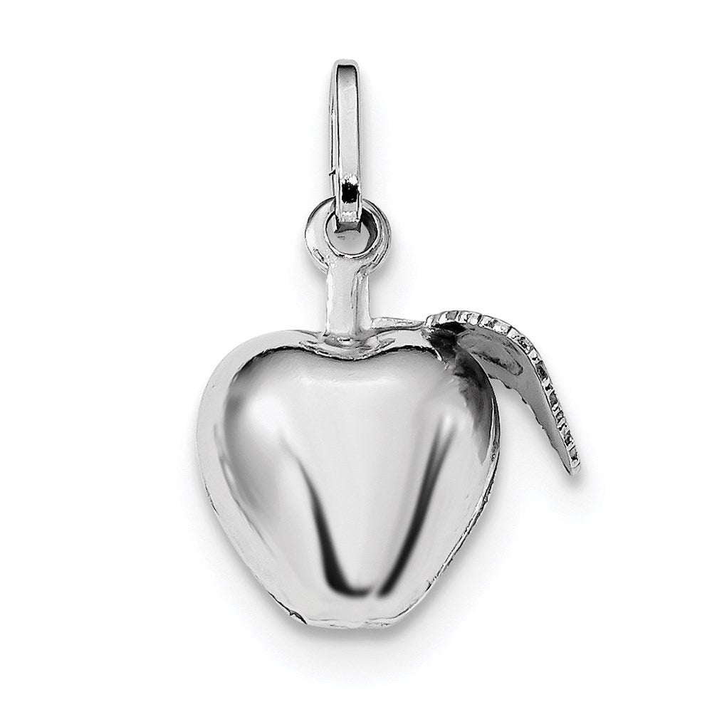 Sterling Silver Rhodium Plated Polished Puffed Apple w/ Leaf Charm, 25 x 16 mm