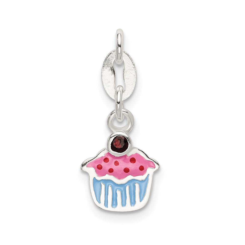 Sterling Silver Polished and Enameled Cupcake w/Garnet Charm, 0.01 ct, 16.5 x 9 mm