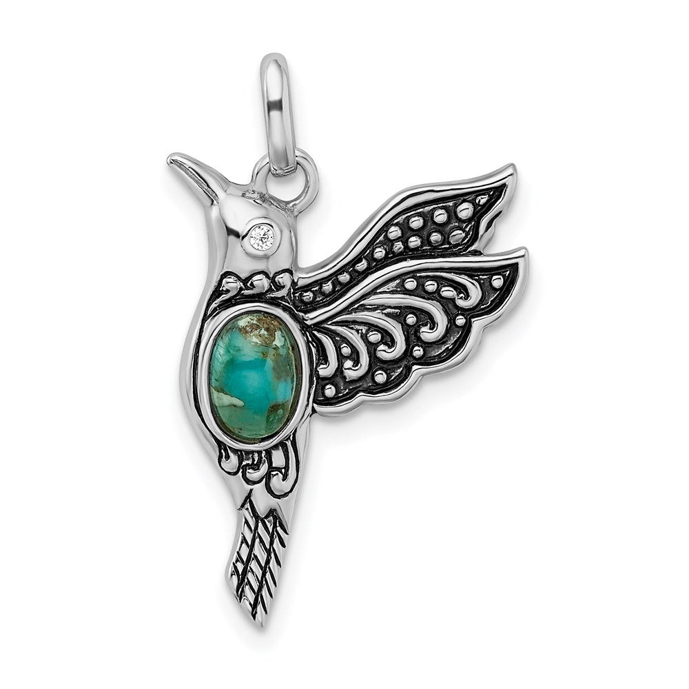 Sterling Silver Rhodium/Oxidized Recon. Turq/CZ Hummingbird Pendant, 29 x 17 mm
