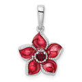 Sterling Silver Rhod-plated Created Ruby and Enamel Flower Pendant, 0.15 ct, 23 x 14 mm