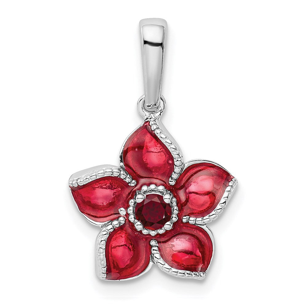Sterling Silver Rhod-plated Created Ruby and Enamel Flower Pendant, 0.15 ct, 23 x 14 mm