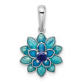 Sterling Silver Rhod-pltd Created Sapphire and Enamel Flower Pendant, 0.14 ct, 22.5 x 13 mm