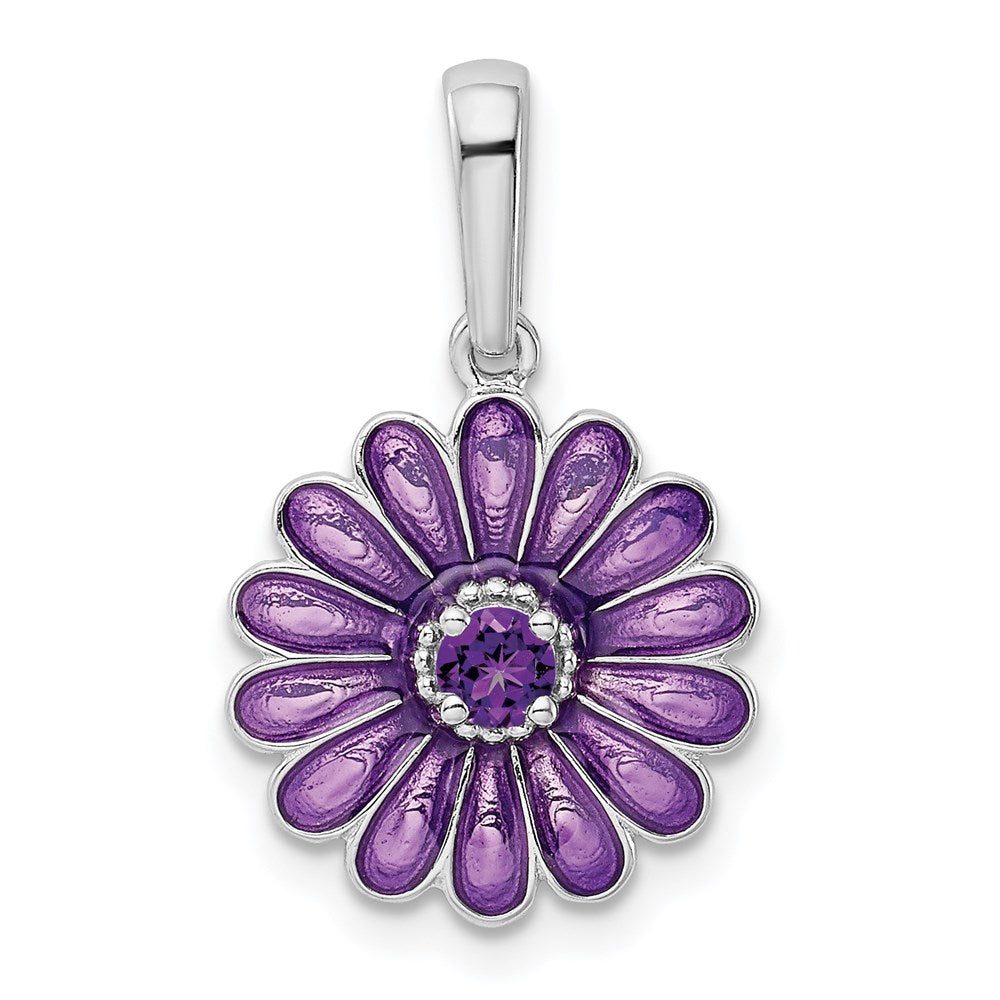 Sterling Silver Rhodium-plated Amethyst and Enamel Pendant, 0.11 ct, 23 x 13 mm