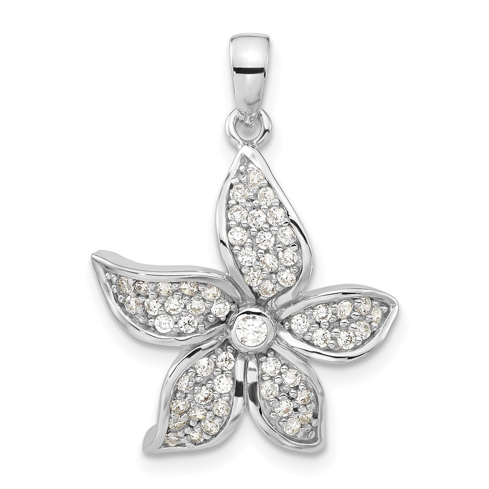 Sterling Silver Rhodium-plated Polished CZ Flower Pendant, 26.7 x 18 mm