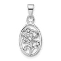Sterling Silver Rhodium-plated Polished Flower in Oval Pendant, 24.5 x 10.85 mm