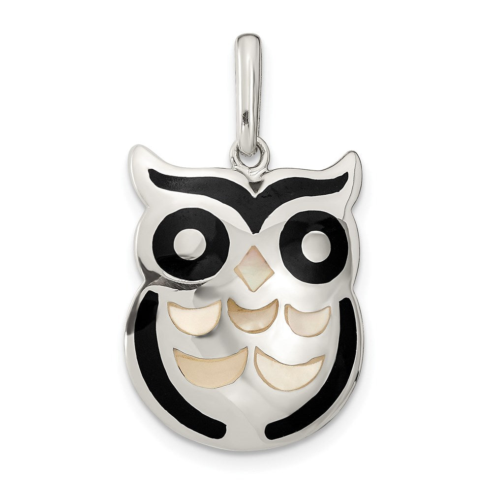 Sterling Silver MOP and Onyx Owl Pendant, 28.5 x 17 mm