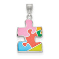 Sterling Silver Rhod-plated Enameled Autism Puzzle Piece Pendant, 28.5 x 15 mm