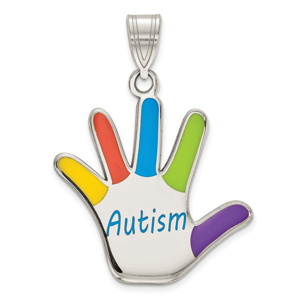 Sterling Silver Rhod-plate Enamel Autism Handprint Pendant, 30 x 20 mm
