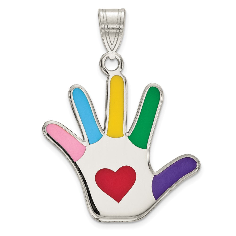 Sterling Silver Rhod-plate Enamel Autism w/Heart Handprint Pendant, 30 x 20 mm