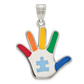 Sterling Silver Rhod-plate Enamel Autism w/Puzzle Piece Handprint Pendant, 30 x 20 mm