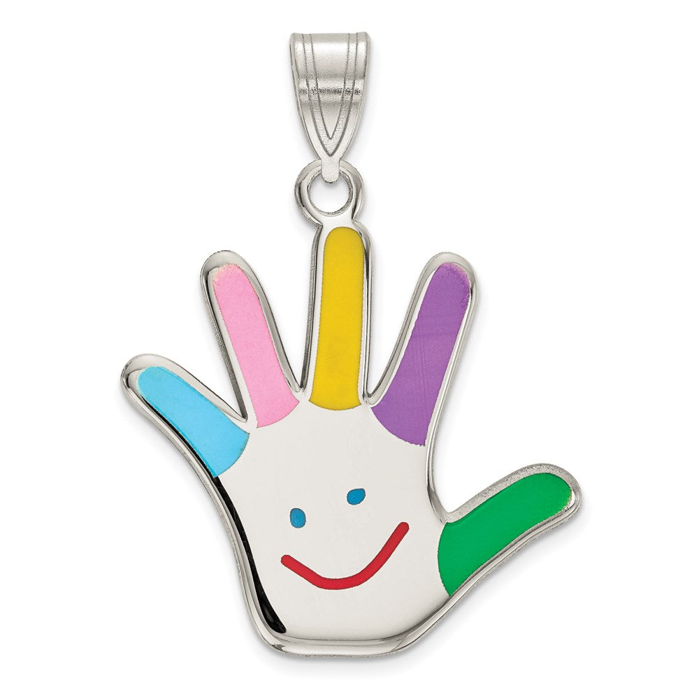 Sterling Silver Rhod-plate Enamel Autism w/Happy Face Handprint Pendant, 30 x 20 mm