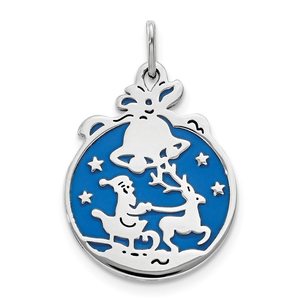 Sterling Silver Rhod-pltd Blue Enamel Santa w/Reindeer Circle Pendant, 23.5 x 14.5 mm