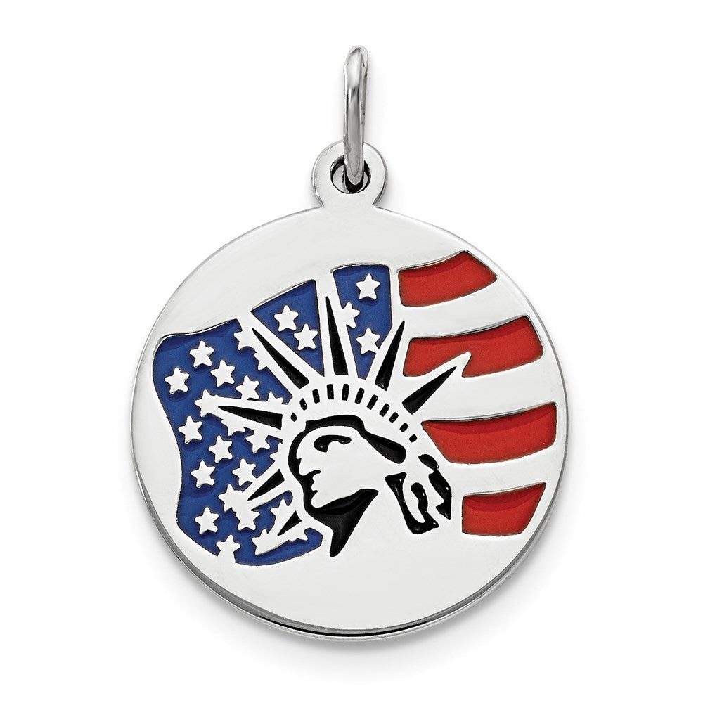 Sterling Silver Rhodium-plated Enameled Statue of Liberty w/Flag Charm, 22 x 15 mm