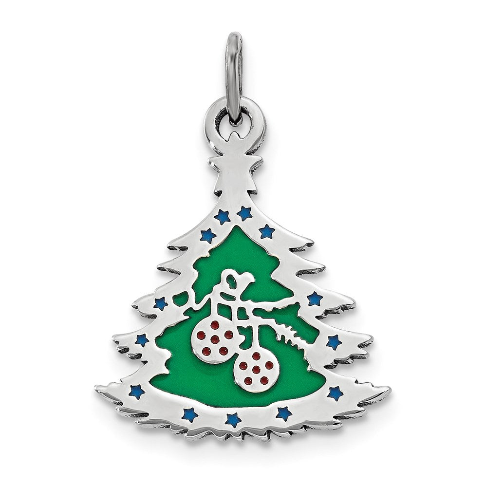 Sterling Silver Polished Green Enameled Christmas Tree Pendant, 23 x 15 mm