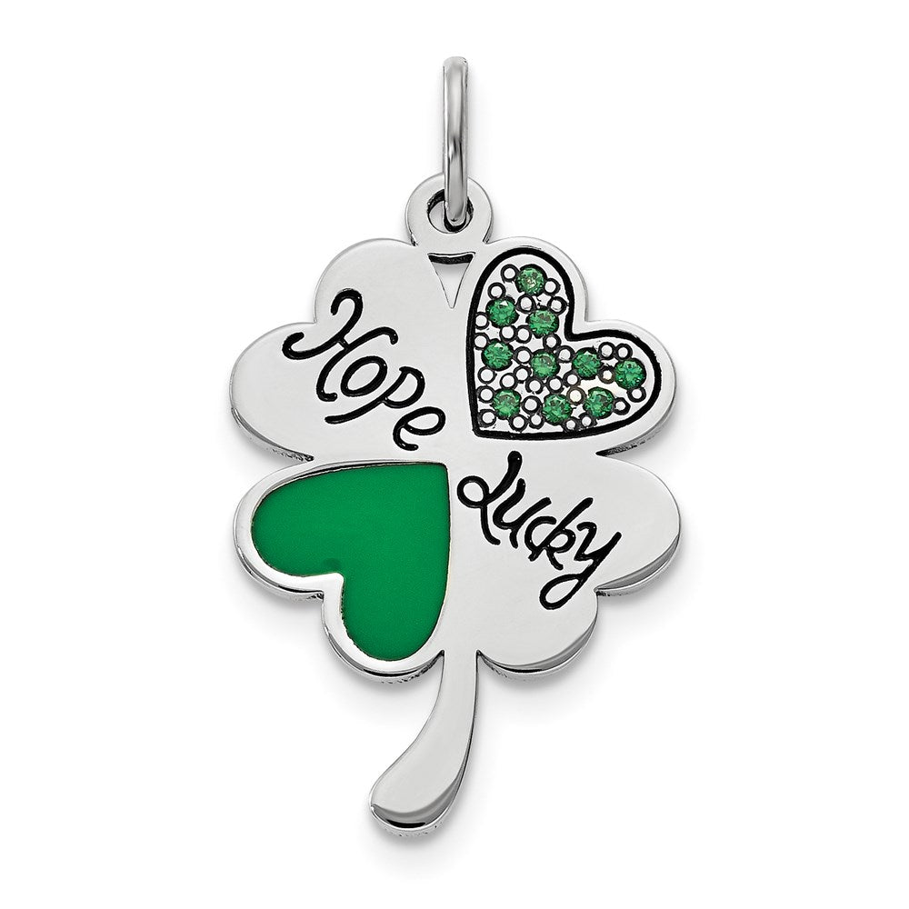 Sterling Silver Polish Enamel Hope Luck CZ Clover Pendant, 24.5 x 13 mm