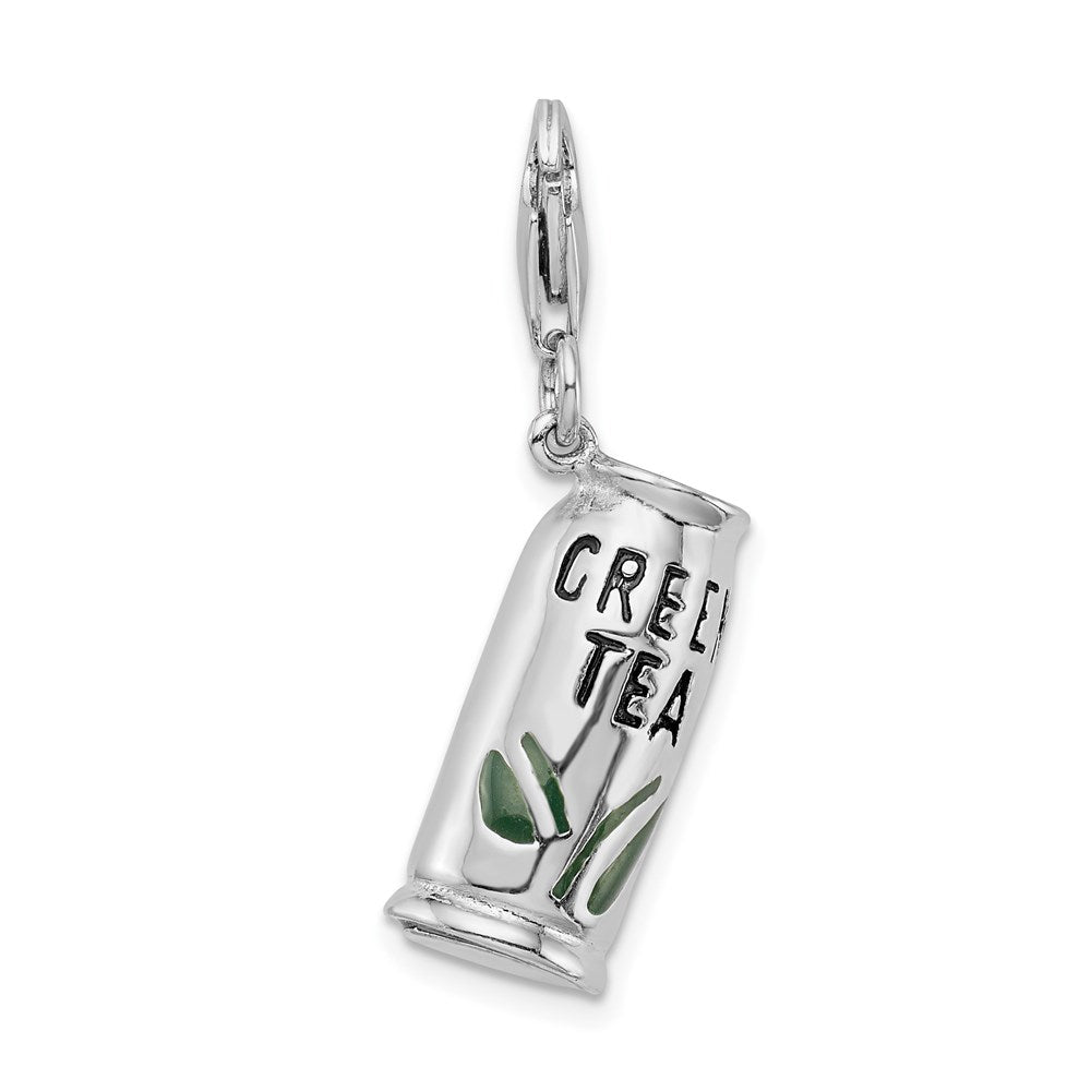 Amore La Vita Sterling Silver Rhodium-plated Polished 3-D Enameled Green Tea Beverage Charm with Fancy Lobster Clasp, 18 x 11 mm