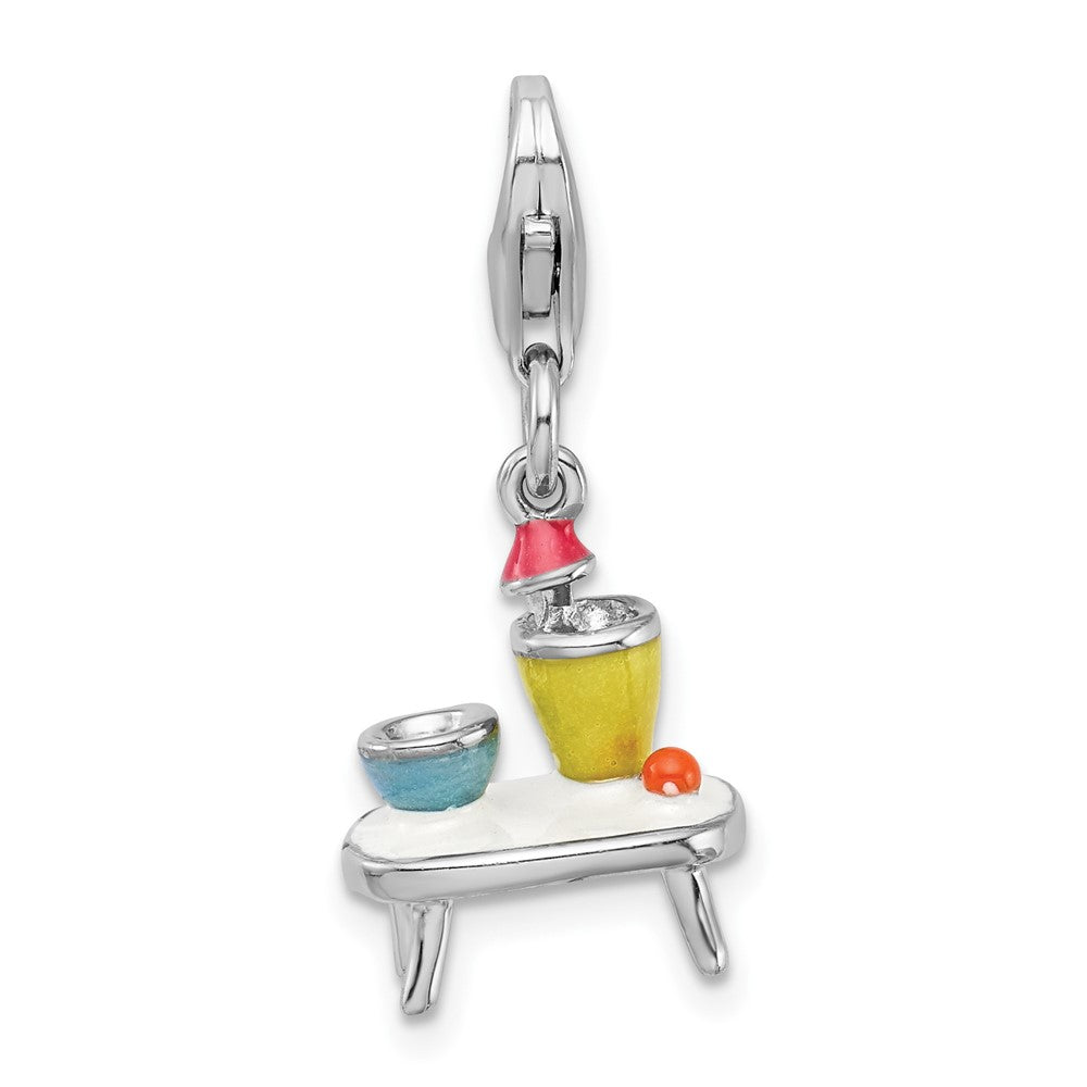 Amore La Vita Sterling Silver Rhodium-plated Polished 3-D Enameled Table and Bowls Charm with Fancy Lobster Clasp, 18 x 12 mm