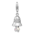 Amore La Vita Sterling Silver Rhodium-plated Polished 3-D CZ and Freshwater Cultured Pearl Wedding Bell Charm with Fancy Lobster Clasp, 18 x 9 mm
