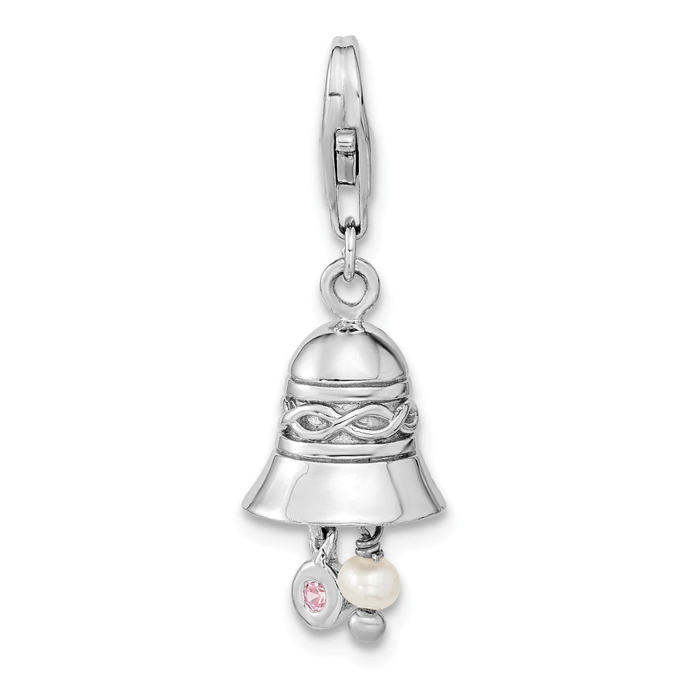Amore La Vita Sterling Silver Rhodium-plated Polished 3-D CZ and Freshwater Cultured Pearl Wedding Bell Charm with Fancy Lobster Clasp, 18 x 9 mm